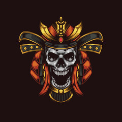 Vector illustration of skull wearing samurai helmet