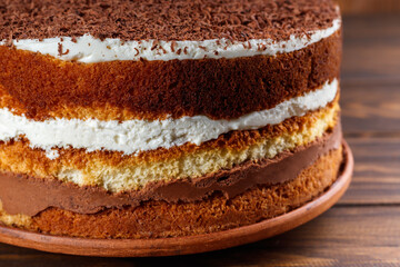 Baked layered tiramisu cake. close up view