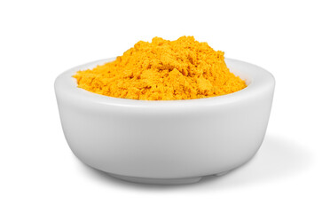 Collection of different spices with names in white pans, isolated