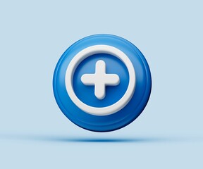 Obraz premium 3D rendering of a plus symbol with a shadow isolated on blue background