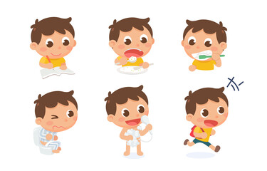 Obraz na płótnie Canvas Kid's daily routine in the morning-the kid is doing duty. Cute little boy with different emotions set. Vector illustration in cartoon style.