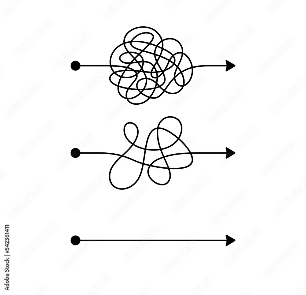 Poster complicated way, difficult mind arrow. hard and easy way by tangled straight lines. shortcut way, in