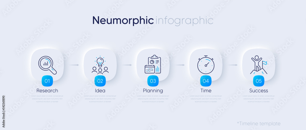 Poster business timeline chart template. neumorphic infographic 5 square steps. presentation process diagra