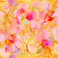 Fototapeta na wymiar Fashion floral blur trend Botanical layered pattern with pink flowers on a bright yellow background