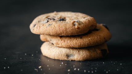 Chocolate chip cookies close up on a black background.