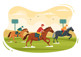 Horse Racing Competition in a Racecourse with Equestrian Performance Sport and Rider or Jockeys on Flat Cartoon Hand Drawn Templates Illustration