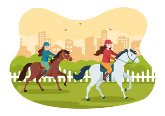 Naklejka na ściany i meble Horse Racing Competition in a Racecourse with Equestrian Performance Sport and Rider or Jockeys on Flat Cartoon Hand Drawn Templates Illustration