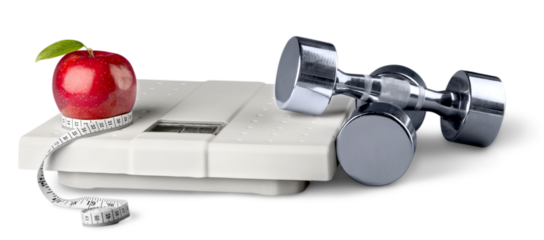 Red Apple, Measuring Tape, Dumbbells and Weight Scale