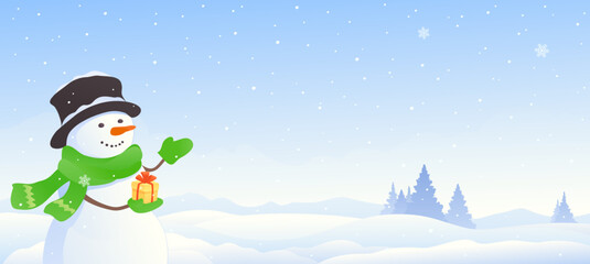 Vector illustration of a snow scene with a greeting snowman, snowscape panorama background