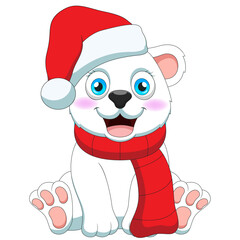 Cartoon cute polar bear in santa hat sitting. Vector illustration