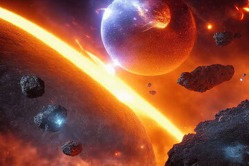 concept illustration of colliding planet orange hot glowing streak of fire, planets seen from space some meteorites