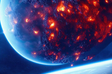 concept illustration of colliding planets blue planet with burning surface after impact explosions, lava ans black fire clouds