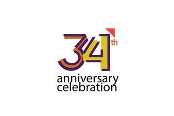 34 year anniversary celebration abstract style logotype. anniversary with purple, yellow, orange color isolated on white background, vector design for celebration, invitation, greeting card - Vector