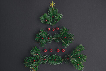 Christmas tree, winter holidays concept. Stylish christmas tree made of fir branches, red berries...