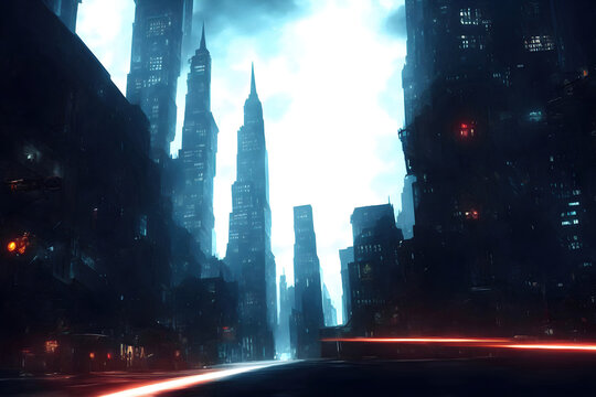 Gotham city comic book urban building. Dark skyscraper skyline with road traffic 3D