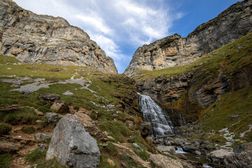 Beautiful waterfall called Cola de Caballo on the Arazas river in the Ordesa y Monte Perdido National Park in the Pyrenees, Huesca, Spain