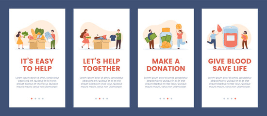 Charity and donation banners set for mobile onboarding screens, flat vector.