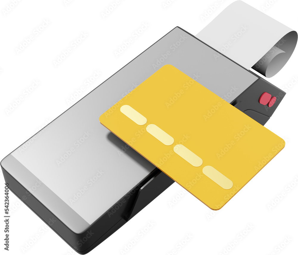 Poster nfc pos terminal gprs point with paper receipt and a credit card. mockup screen. payment machine. pn
