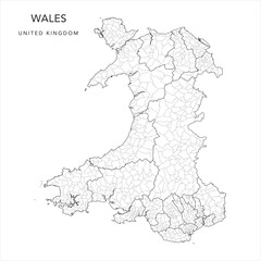 Administrative Map of Wales (Cymru) with Unitary Authorities and Communities as of 2022 - United Kingdom - Vector Map