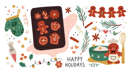 Christmas gingerbread cookie set in flat style. Holiday cookies swap. Xmas festive gingerbread. Traditional seasonal composition with homemade pastry master class 