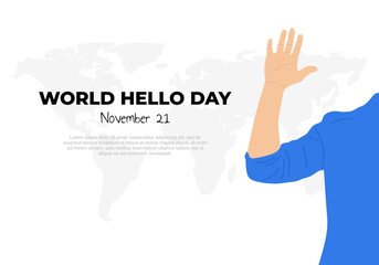 World hello day background with earth map and hand five isolated on white background.