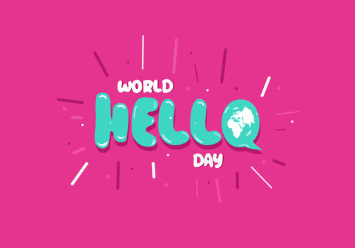 World hello day background with big hello word on purple color.