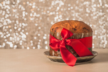 Panettone traditional Italian Christmas cake copy space background.