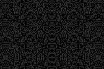 Embossed abstract black background, cover ethnic design. Press paper, boho style, art deco. Tribal geometric 3d pattern, artistic texture of East, Asia, India, Mexico, Aztecs, Peru.