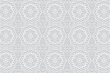 Embossed floral white background, ethnic cover design. Press paper, boho style, art deco. Tribal geometric 3d pattern, artistic texture of East, Asia, India, Mexico, Aztecs, Peru.