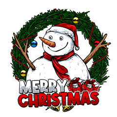 snowman with the circle of leaf and christmas decoration vector