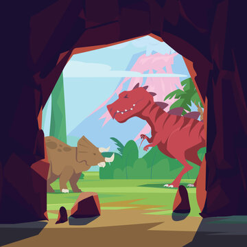 Dinosaurs in prehistoric scene with cave, flat cartoon vector illustration.
