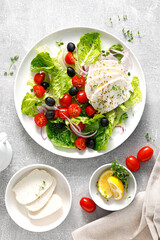 Salad with mozzarella cheese, cherry tomato, olives and romain lettuce, top view