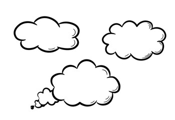 Cloud for conversations and thoughts drawn by hand. Set of clouds in doodle sketch style. Simple doodle sketch drawing. Vector illustration.