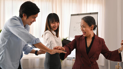 Fototapeta premium Business people celebrating successful project or achievement. Business, people, success and winning concept