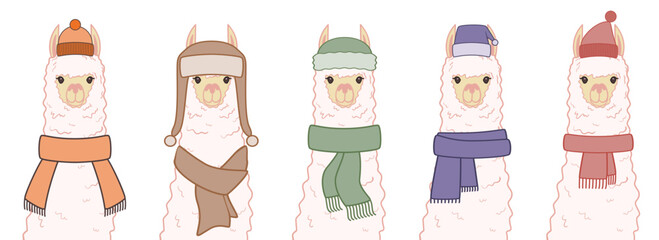 Collection of cute alpacas in a winter hats and scarfs. Alpaca portraits isolated on white background. Vector illustration © tiena