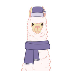 Cute alpaca in a winter hat and scarf. Alpaca portrait isolated on white background. Vector illustration