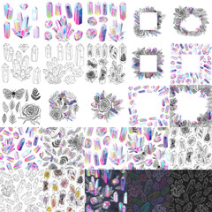 Magical fairytale crystals gem stones and details - leaves, roses, moths. Cartoon design elements set, seamless patterns and frames, colored and black outline.