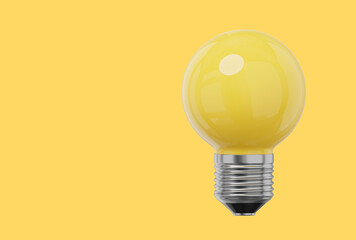 Realistic yellow light bulb. 3D rendering. Icon on yellow background, text space.