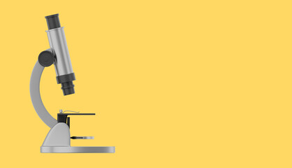 Realistic gray microscope. 3D rendering. Icon on yellow background, text space.