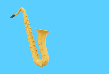 Yellow saxophone, musical instrument, from side. 3d rendering. Icon on blue background, space for text.