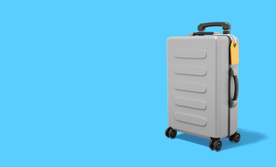 Travel luggage. Realistic gray suitcase on blue background with space for text. 3d rendering.