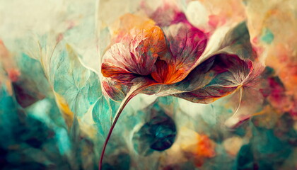 Spectacular pastel artwork of floral design with leaves and petals as painting. Natural floral graphic with multicolors and shapes. Digital art 3D rendering. Colorful and bright color.