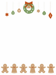 ジンジャーブレッドマンとオーナメントのイラストのクリスマスフレーム　縦型