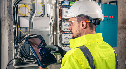Man, an electrical technician working in a switchboard with fuses, uses a tablet.