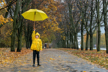 Lonley little boy is raising up his yellow umbrella in rainy autumn park. Child on rainy street...