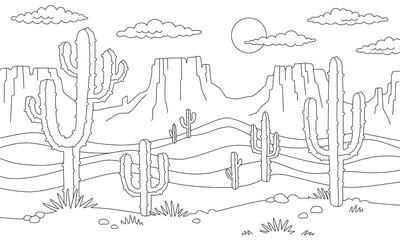 Desert Landscape Line Sketch with Cactus. Coloring scene prairie landscape. Black White Outline drawing of mountains, western rocks and cacti. Wild West background. Hand drawn Vector illustration. 