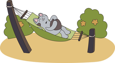 Illustration of a grey cat outdoors. A pet is resting lying on a hammock. The kitten sleeps surrounded by flower bushes. Ready to use eps for your design
