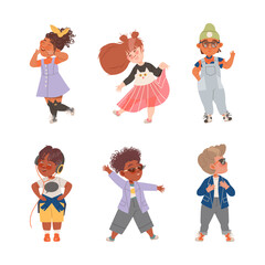 Set of cute boys and girls wearing trendy stylish clothes vector illustration