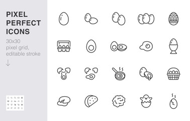 Eggs line icon set. Container, easter hunt basket, eggshell, yolk, scrambled, cooking ingredient minimal vector illustration. Simple outline sign for breakfast. 30x30 Pixel Perfect, Editable Stroke