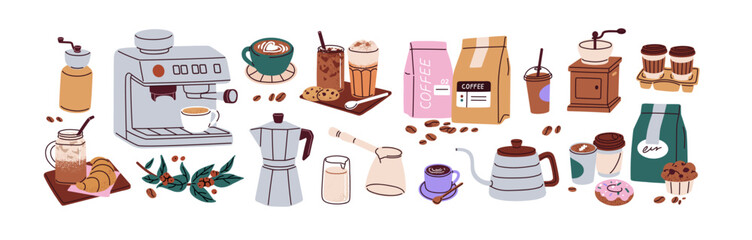 Coffee elements set. Machine, brewing tools, accessories, paper cups, glasses, beans, bags and bakery. Coffeehouse stuff, grinder, cezve, kettle. Flat vector illustrations isolated on white background - obrazy, fototapety, plakaty